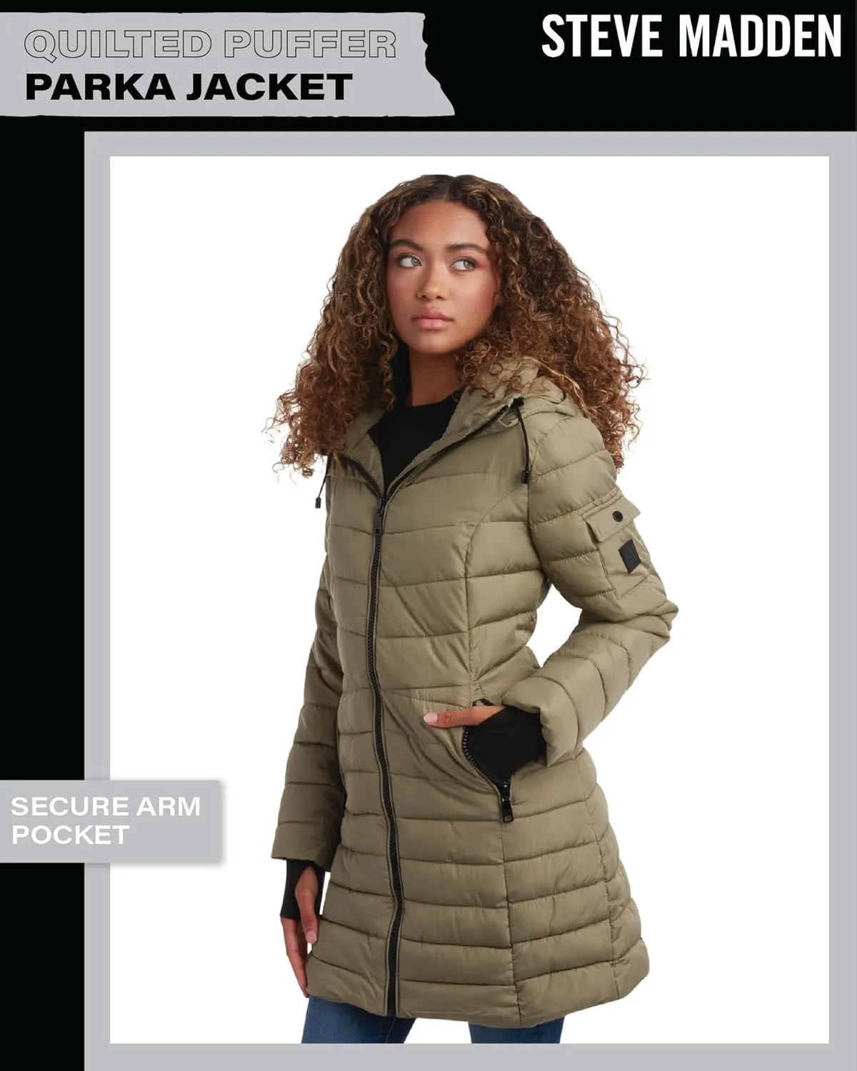 Steve Madden Women's Quilted Puffer Parka Jacket - Long Hooded Winter Outerwear - Packable Winter Coat for Women (Sizes:S-XL)