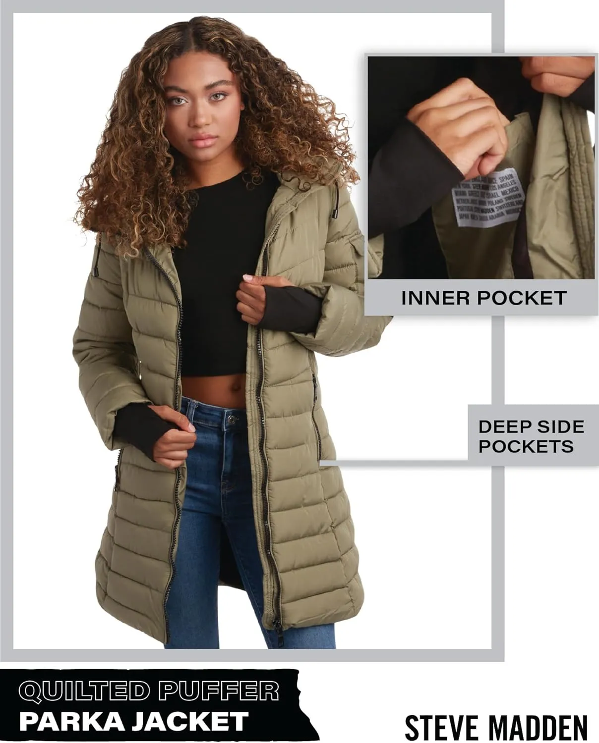 Steve Madden Women's Quilted Puffer Parka Jacket - Long Hooded Winter Outerwear - Packable Winter Coat for Women (Sizes:S-XL)