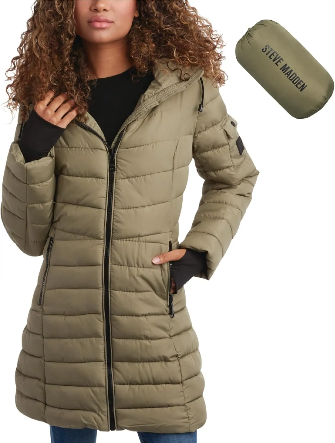 Steve Madden Women's Quilted Puffer Parka Jacket - Long Hooded Winter Outerwear - Packable Winter Coat for Women (Sizes:S-XL)