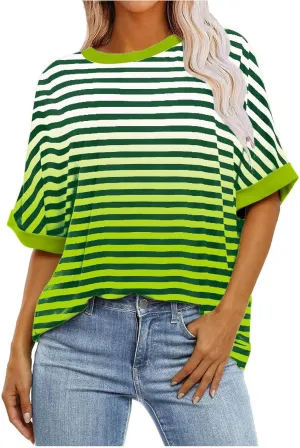 Striped Shirt for Women Summer Short Sleeve Crewneck Oversized T Shirt Color Block Tee Shirt Loose Fit Pullover Tops