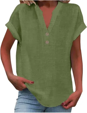 Summer Boho Linen Tops for Women 2025 Button Down V Neck Shirts 3/4 Sleeve Tunic Blouses Beach Work