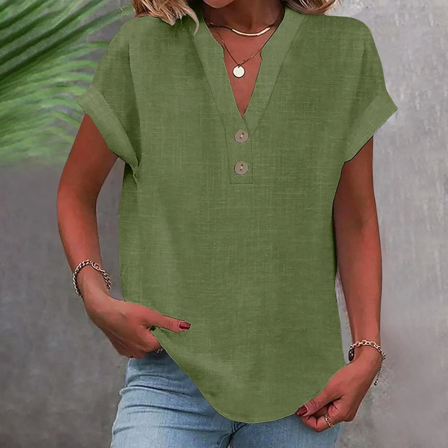 Summer Boho Linen Tops for Women 2025 Button Down V Neck Shirts 3/4 Sleeve Tunic Blouses Beach Work