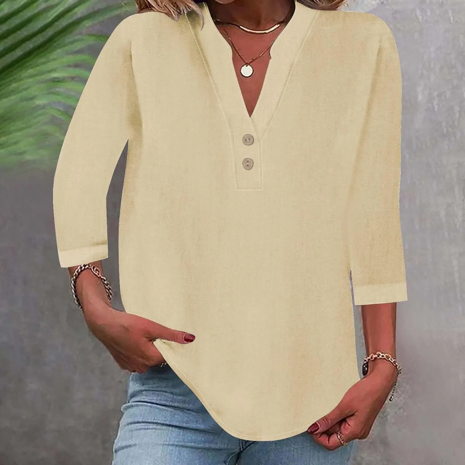 Summer Boho Linen Tops for Women 2025 Button Down V Neck Shirts 3/4 Sleeve Tunic Blouses Beach Work