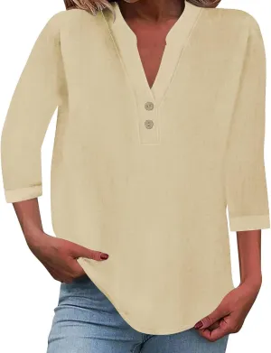 Summer Boho Linen Tops for Women 2025 Button Down V Neck Shirts 3/4 Sleeve Tunic Blouses Beach Work