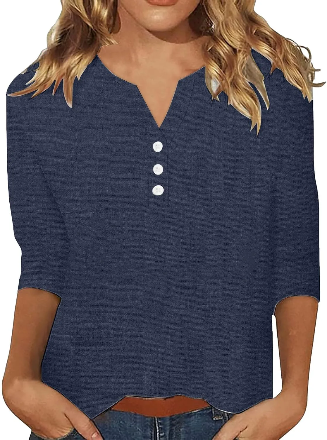 Summer Cotton Linen Shirts for Women 2025 Fashion Solid Color V Neck 3/4 Sleeve Tops Plus Size Casual Loose Blouses