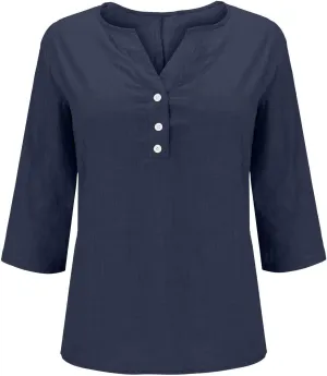 Summer Cotton Linen Shirts for Women 2025 Fashion Solid Color V Neck 3/4 Sleeve Tops Plus Size Casual Loose Blouses