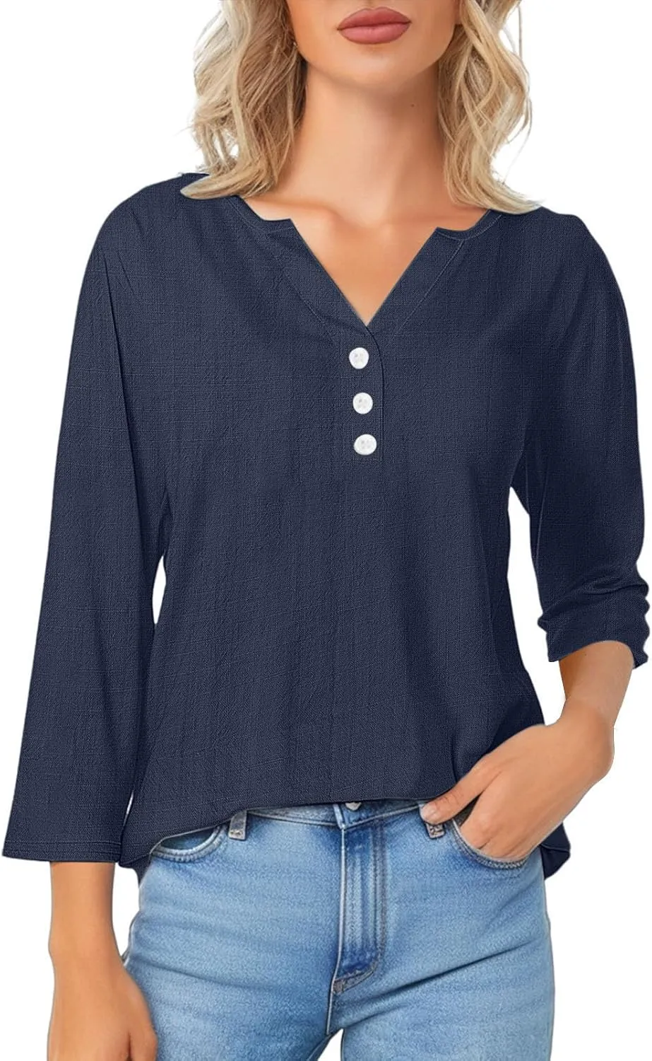 Summer Cotton Linen Shirts for Women 2025 Fashion Solid Color V Neck 3/4 Sleeve Tops Plus Size Casual Loose Blouses