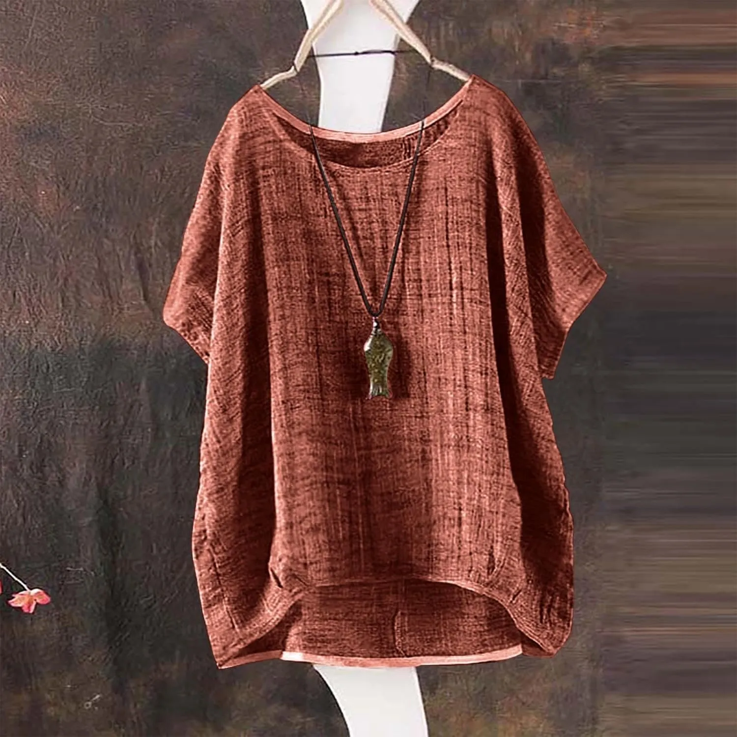 Summer Cotton Linen Shirts for Women Crewneck Short Sleeve Lightweight Tee Top Plus Size Loose Beach Vacation Blouses