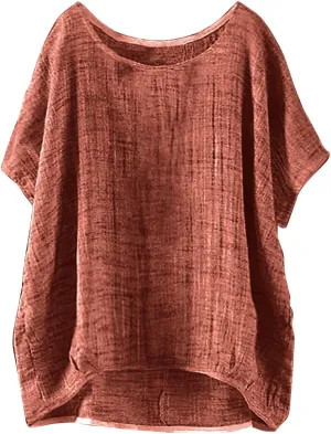 Summer Cotton Linen Shirts for Women Crewneck Short Sleeve Lightweight Tee Top Plus Size Loose Beach Vacation Blouses
