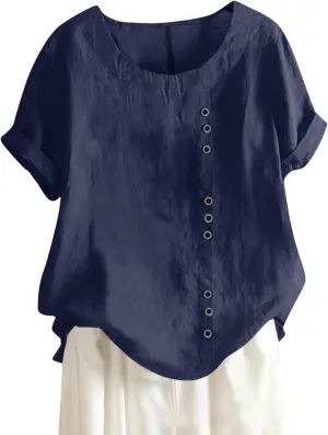 Summer Going Out Tops for Women 2025 Short Sleeve Crewneck Lined Casual Shirts Plus Size Button Down Solid Blouses