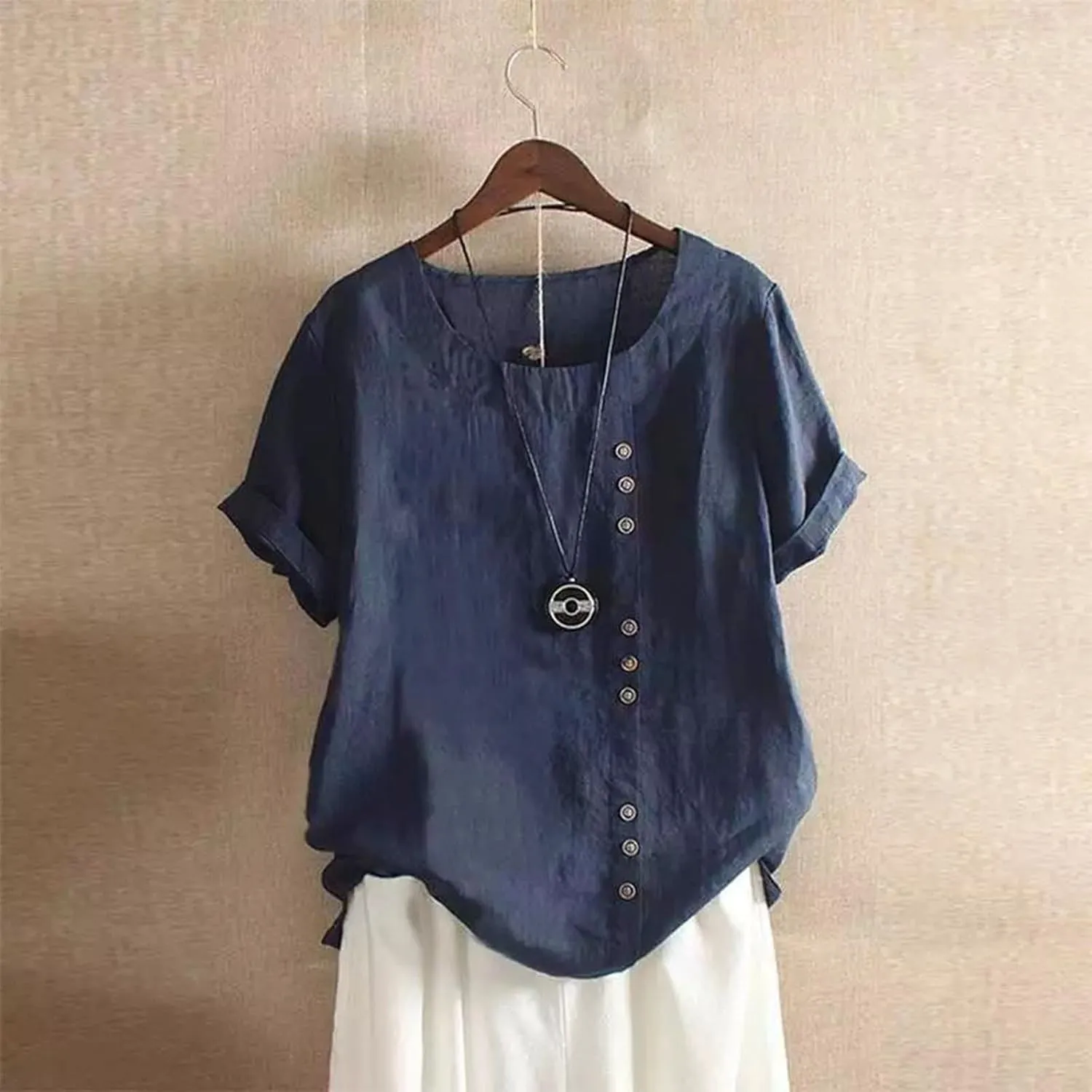 Summer Going Out Tops for Women 2025 Short Sleeve Crewneck Lined Casual Shirts Plus Size Button Down Solid Blouses