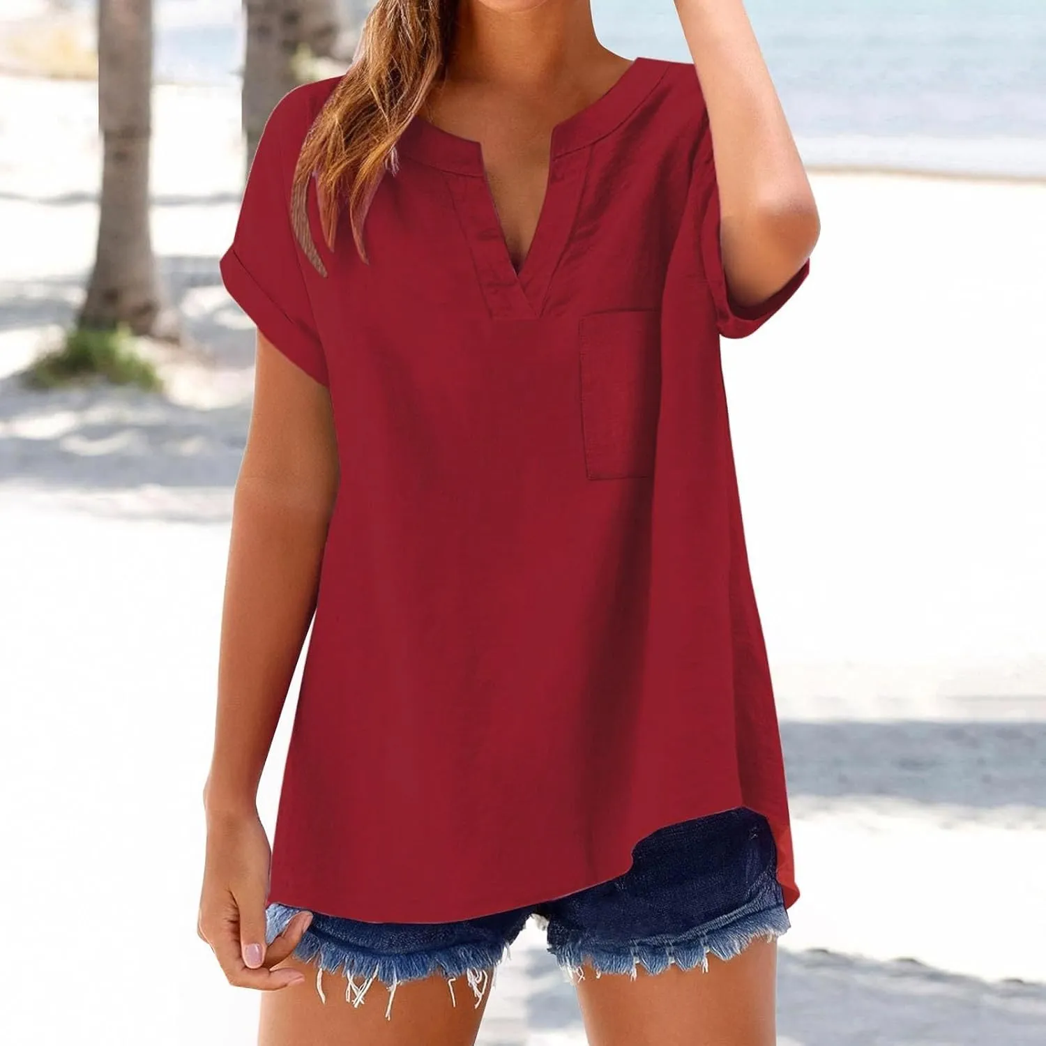 Summer Linen Shirts for Women 2025 Casual Short Sleeve Solid T-Shirts Trendy Loose Fit V-Neck Tops with Pocket