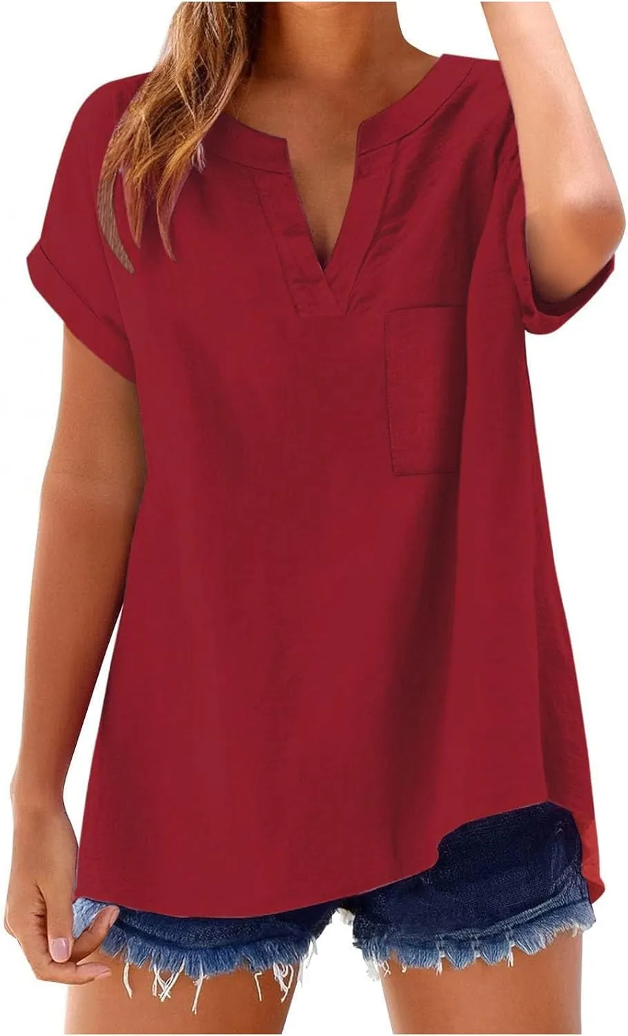 Summer Linen Shirts for Women 2025 Casual Short Sleeve Solid T-Shirts Trendy Loose Fit V-Neck Tops with Pocket