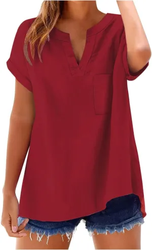 Summer Linen Shirts for Women 2025 Casual Short Sleeve Solid T-Shirts Trendy Loose Fit V-Neck Tops with Pocket