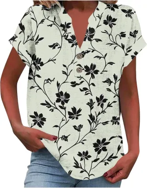 Summer Linen Shirts for Women V Neck Button Down Shirt Casual Loose Fit Tops Floral Print Short Sleeve Blouses 2025