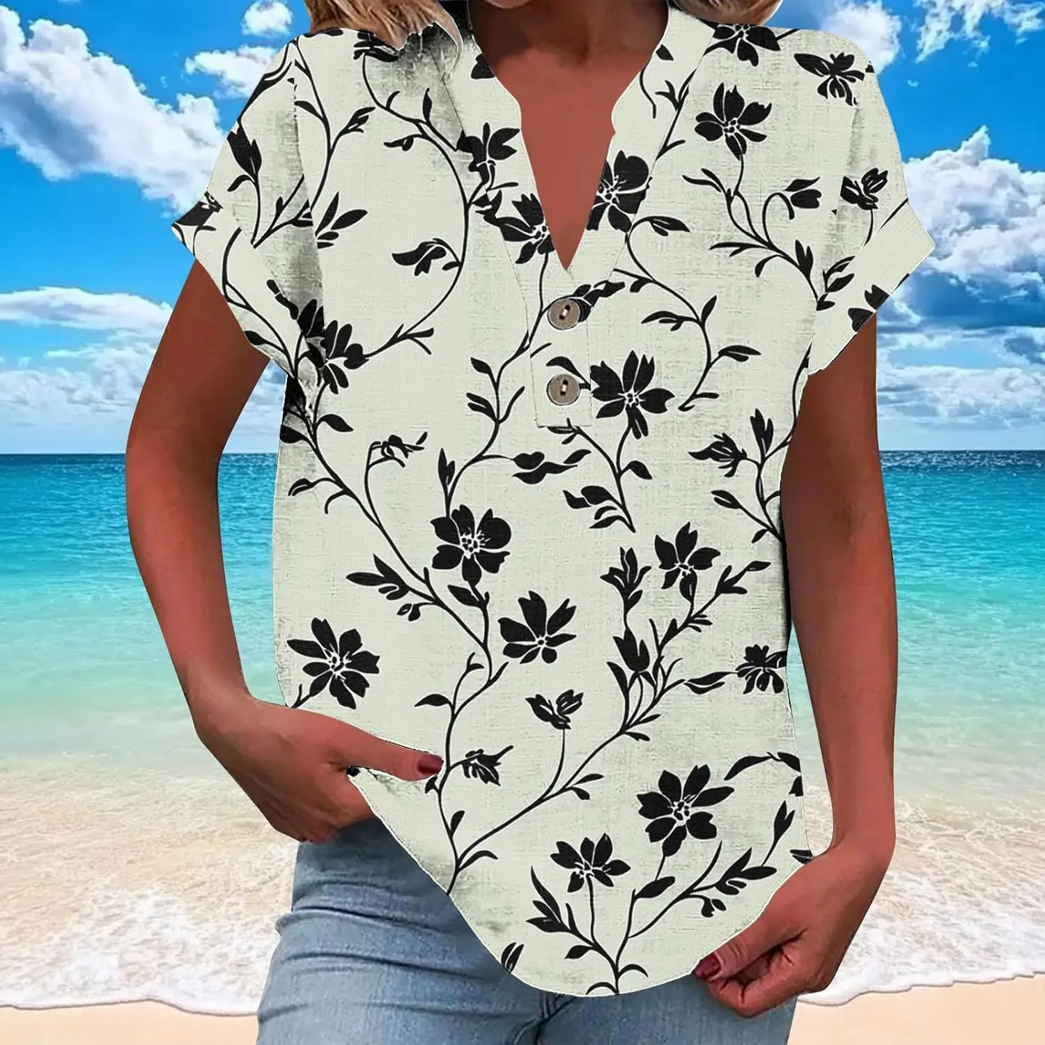 Summer Linen Shirts for Women V Neck Button Down Shirt Casual Loose Fit Tops Floral Print Short Sleeve Blouses 2025