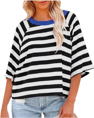 Summer Tops for Women 2024 Trendy Striped Crew Neck Short Sleeve Oversized T Shirts Color Block Casual Basic Tee