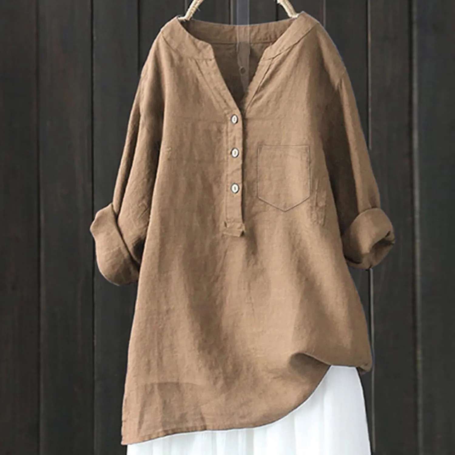 Summer Tops for Women 2025 Casual Cotton Linen Shirts Long Sleeve Solid Color Blouses Loose Work Tops with Pocket