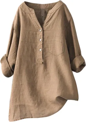 Summer Tops for Women 2025 Casual Cotton Linen Shirts Long Sleeve Solid Color Blouses Loose Work Tops with Pocket