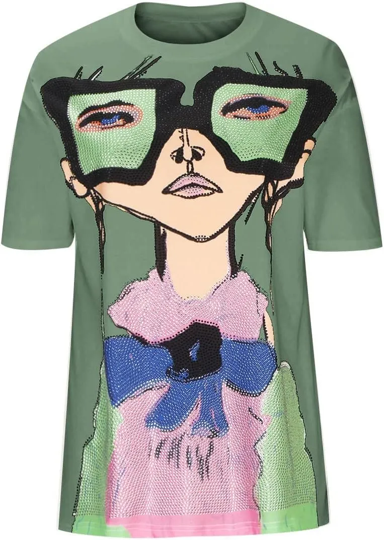 Summer Tops for Women 2025 Rhinestone Graphic Tees Womens Women's Going Out Tops Short Sleeve