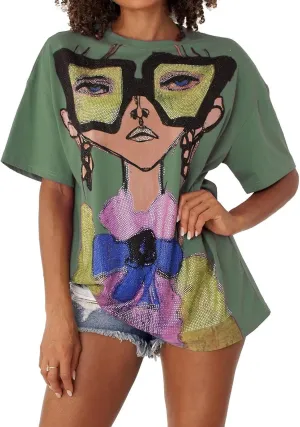 Summer Tops for Women 2025 Rhinestone Graphic Tees Womens Women's Going Out Tops Short Sleeve