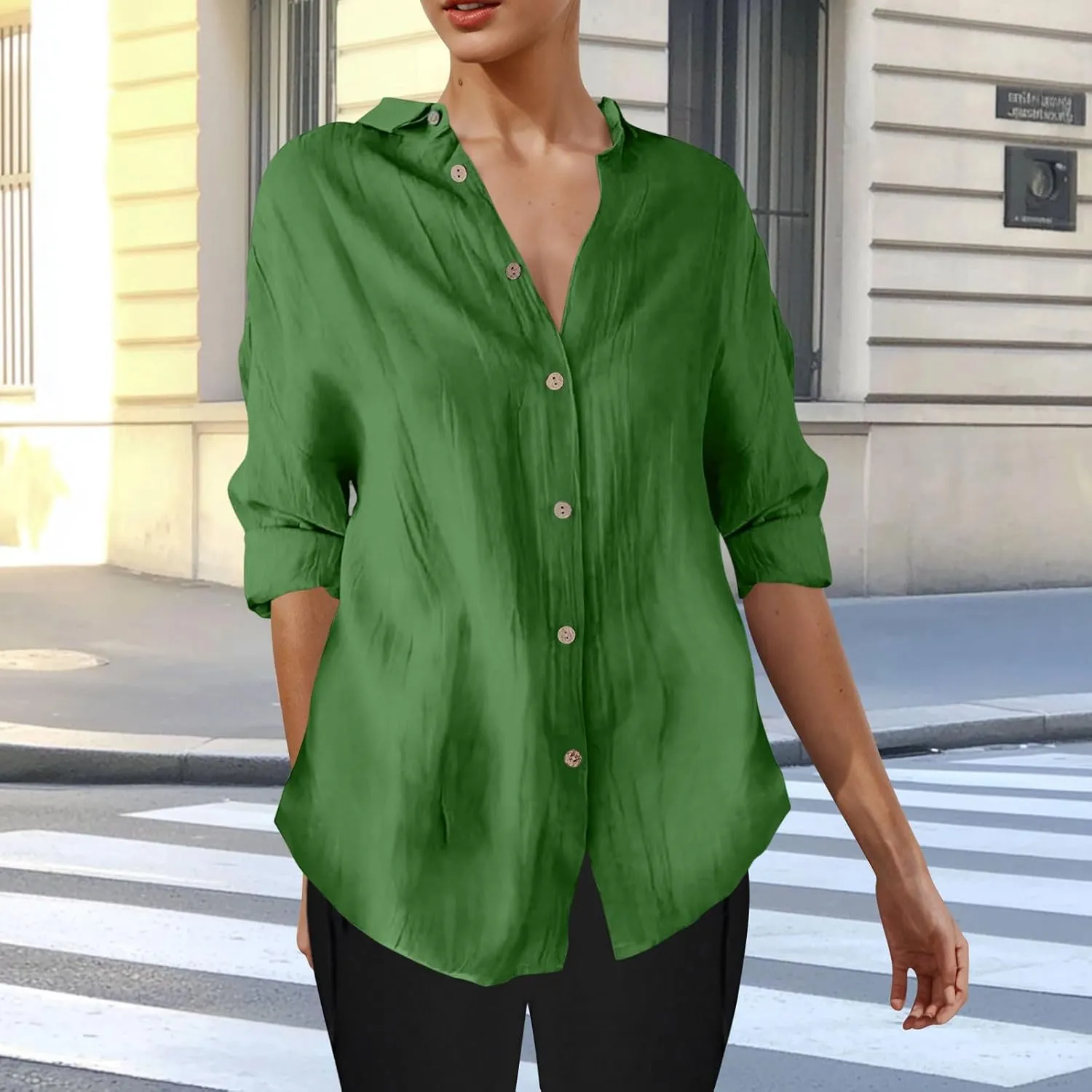 Summer Tops for Women 2025 Trendy 3/4 Length Sleeve Shirts Loose Fit Dressy Casual Blouses Lapel Button Down Shirts