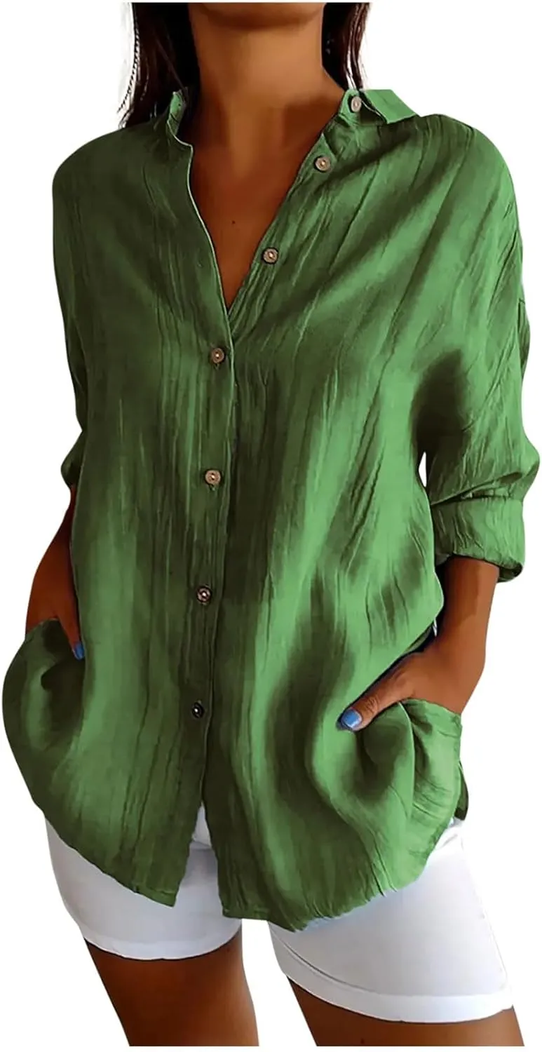 Summer Tops for Women 2025 Trendy 3/4 Length Sleeve Shirts Loose Fit Dressy Casual Blouses Lapel Button Down Shirts