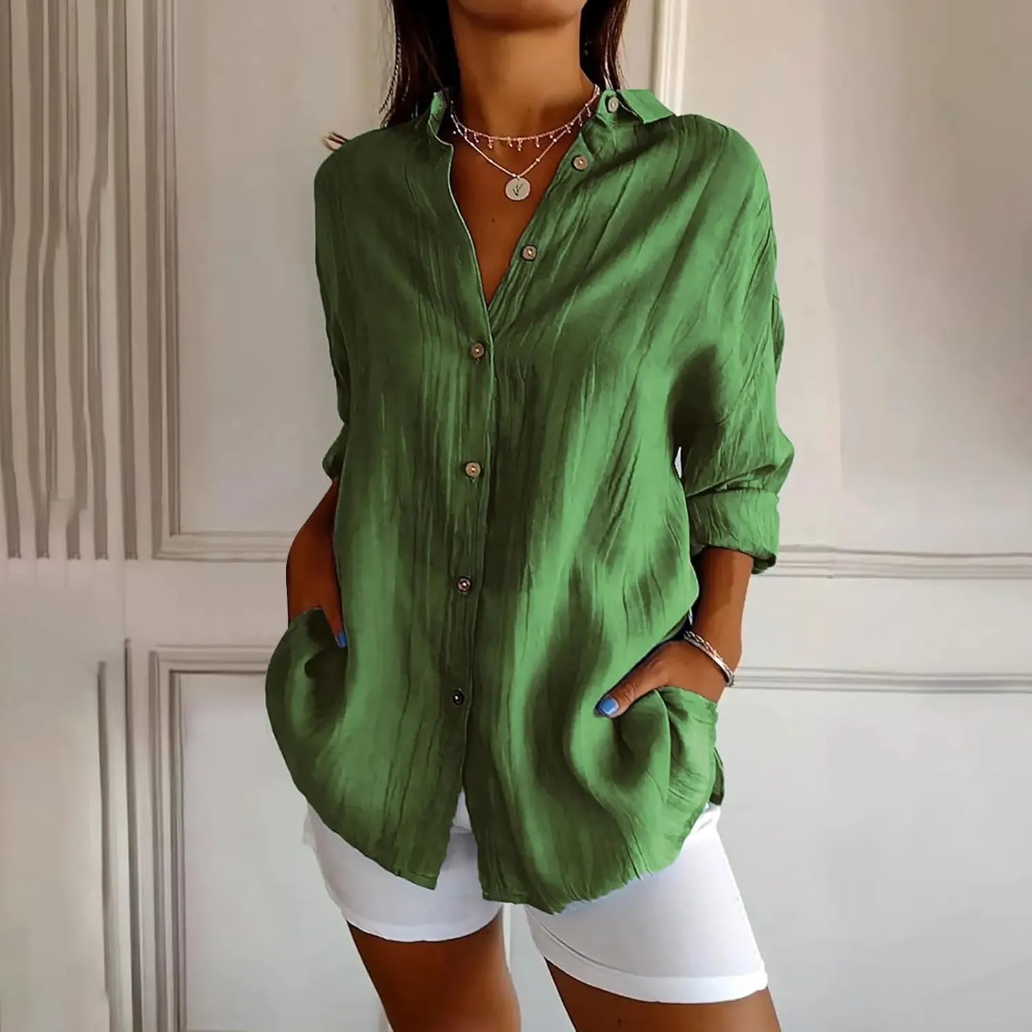 Summer Tops for Women 2025 Trendy 3/4 Length Sleeve Shirts Loose Fit Dressy Casual Blouses Lapel Button Down Shirts