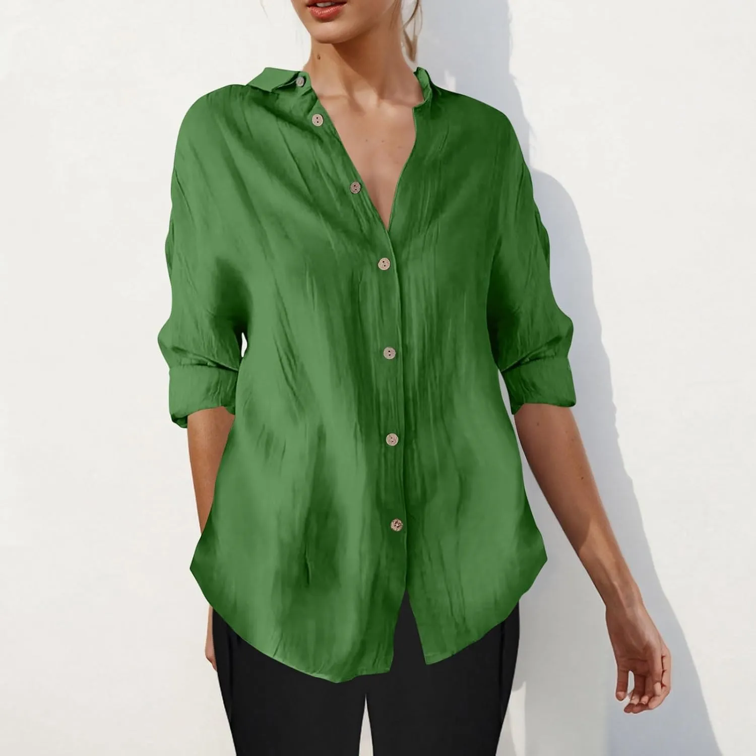 Summer Tops for Women 2025 Trendy 3/4 Length Sleeve Shirts Loose Fit Dressy Casual Blouses Lapel Button Down Shirts