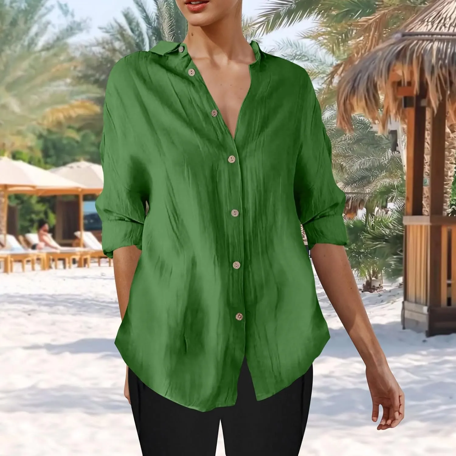 Summer Tops for Women 2025 Trendy 3/4 Length Sleeve Shirts Loose Fit Dressy Casual Blouses Lapel Button Down Shirts