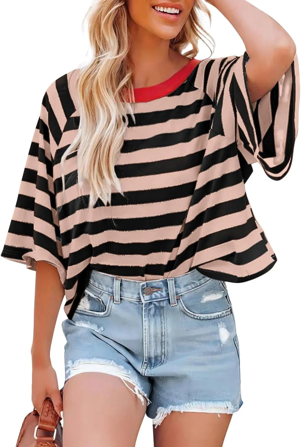 Summer Tops for Women Striped 2024 Trendy T Shirts for Women Color Block Short Sleeve Loose Basic Tee