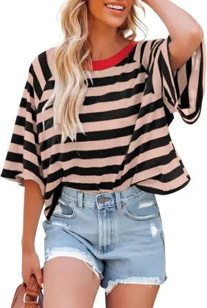 Summer Tops for Women Striped 2024 Trendy T Shirts for Women Color Block Short Sleeve Loose Basic Tee