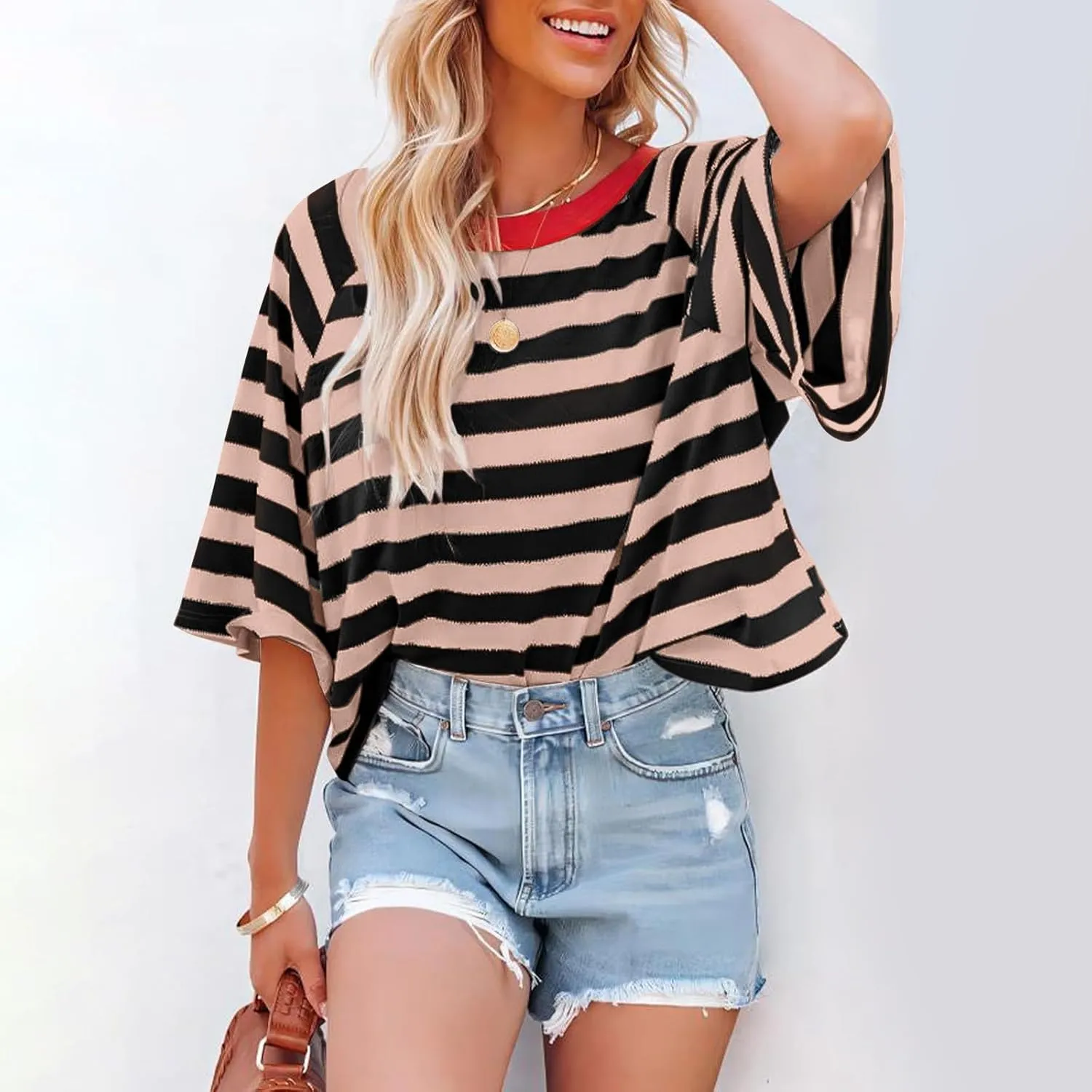 Summer Tops for Women Striped 2024 Trendy T Shirts for Women Color Block Short Sleeve Loose Basic Tee