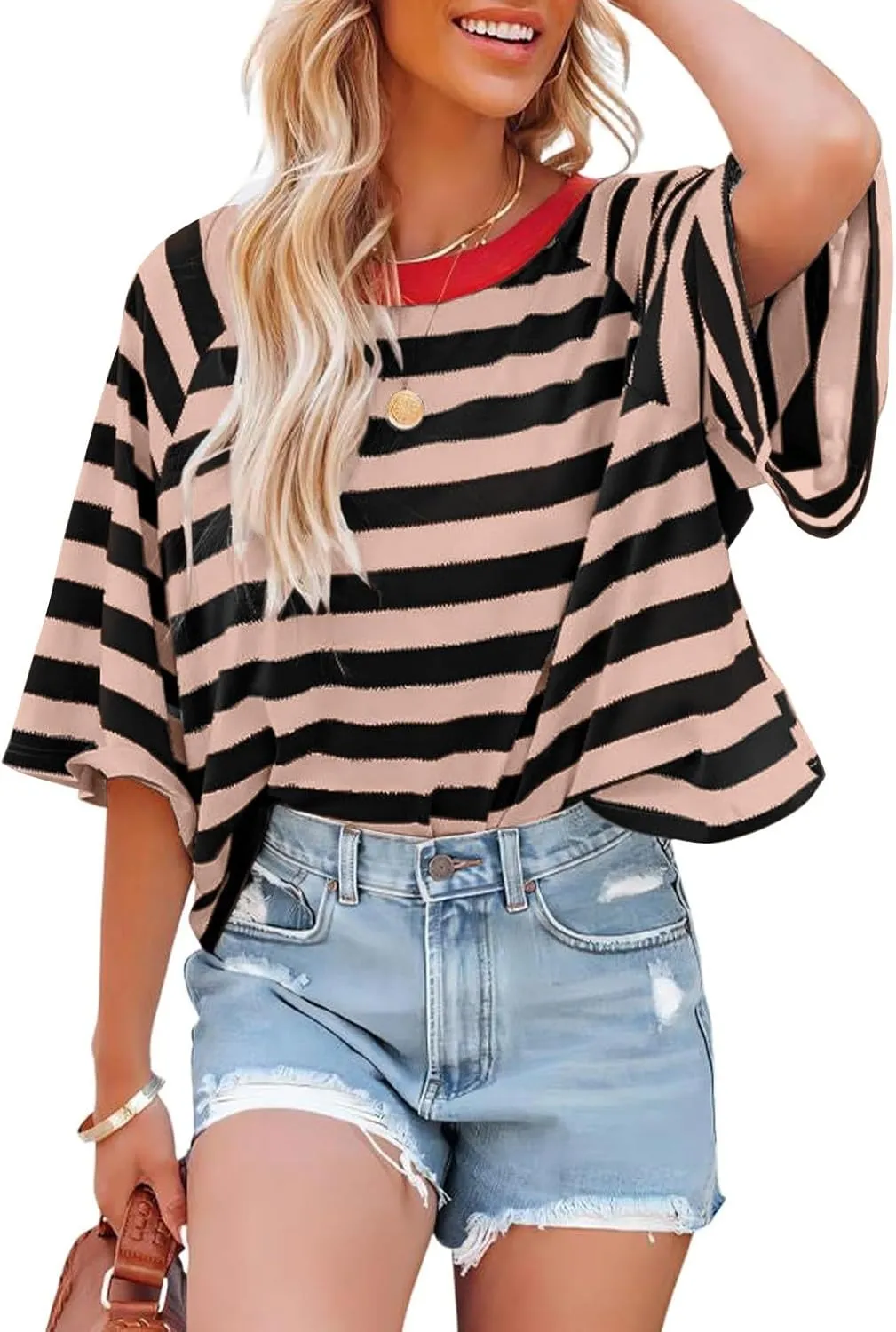 Summer Tops for Women Striped 2024 Trendy T Shirts for Women Color Block Short Sleeve Loose Basic Tee