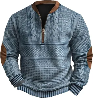 Sweatshirts for Men Trendy Funny Western Cowboy Graphic Print Long Sleeve Band Collar Quarter Zip Slim Pullover Tops