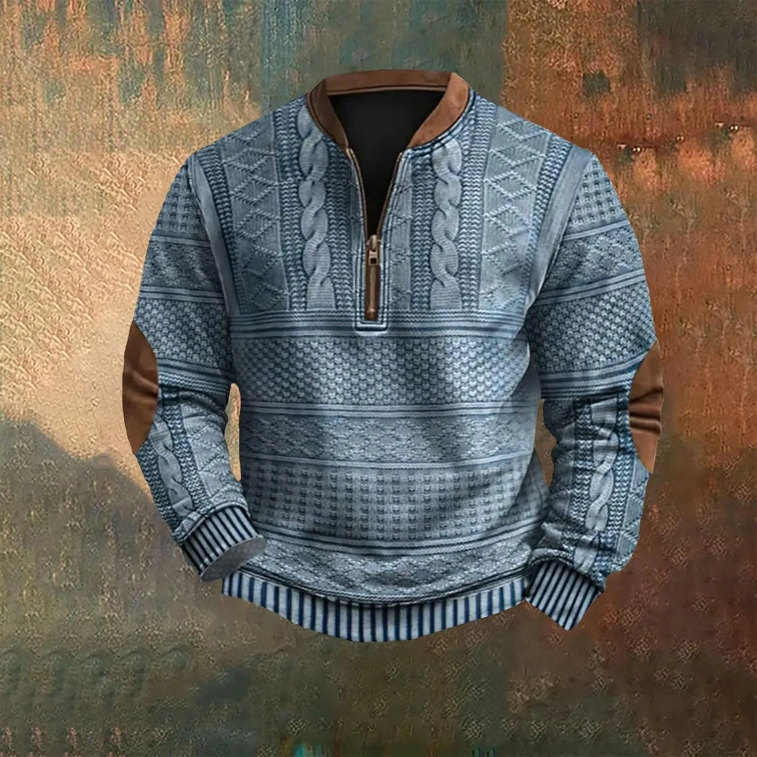 Sweatshirts for Men Trendy Funny Western Cowboy Graphic Print Long Sleeve Band Collar Quarter Zip Slim Pullover Tops