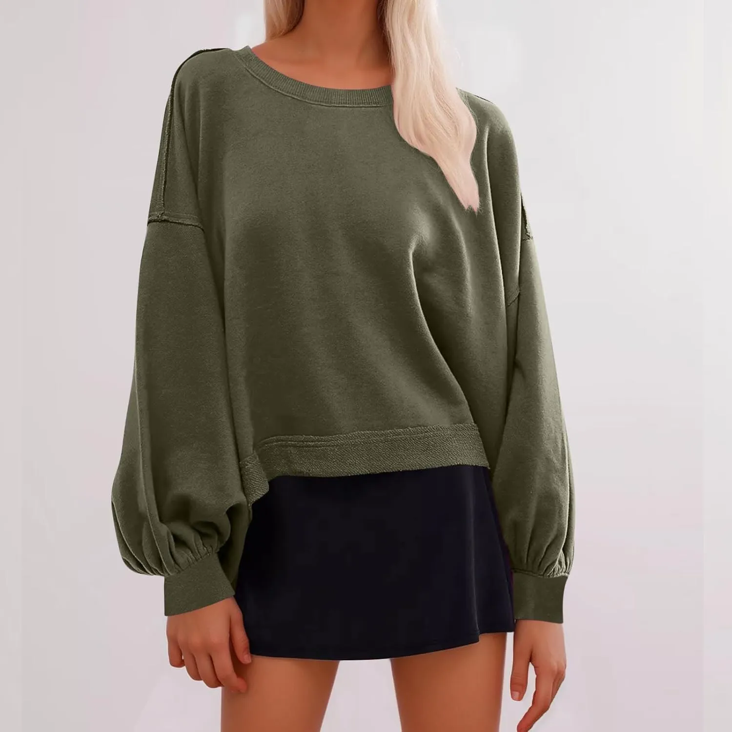 Sweatshirts for Women Puff Sleeve Pullover Tops Crewnneck Cropped Sweater Casual Fleece Jumpers Tops Fall Trendy