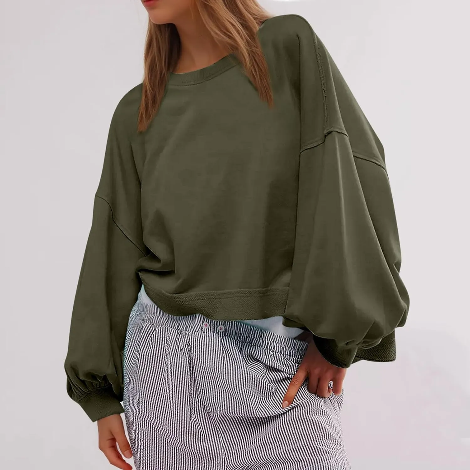 Sweatshirts for Women Puff Sleeve Pullover Tops Crewnneck Cropped Sweater Casual Fleece Jumpers Tops Fall Trendy