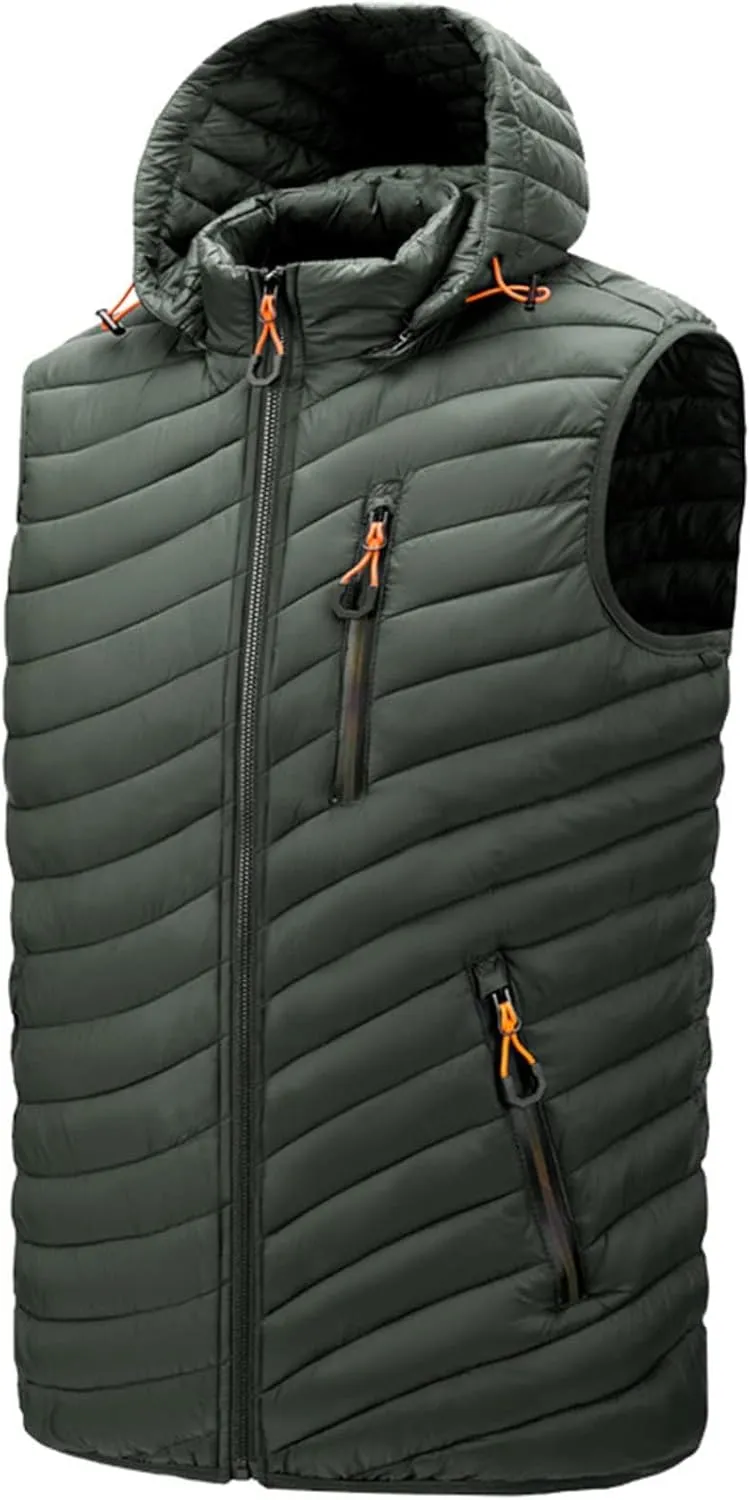 Thatrich Mens Quilted Puffer Vest Lightweight Sleeveless Zip Up Hooded Jackets Casual Stand Collar Vests Winter Outdoor Wear