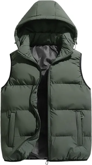 Thatrich Mens Winter Vest Sleeveless Puffer Jackets Hooded Casual Vests Oversized Warm Outdoor Coat Padded Puffy Casual Gilet