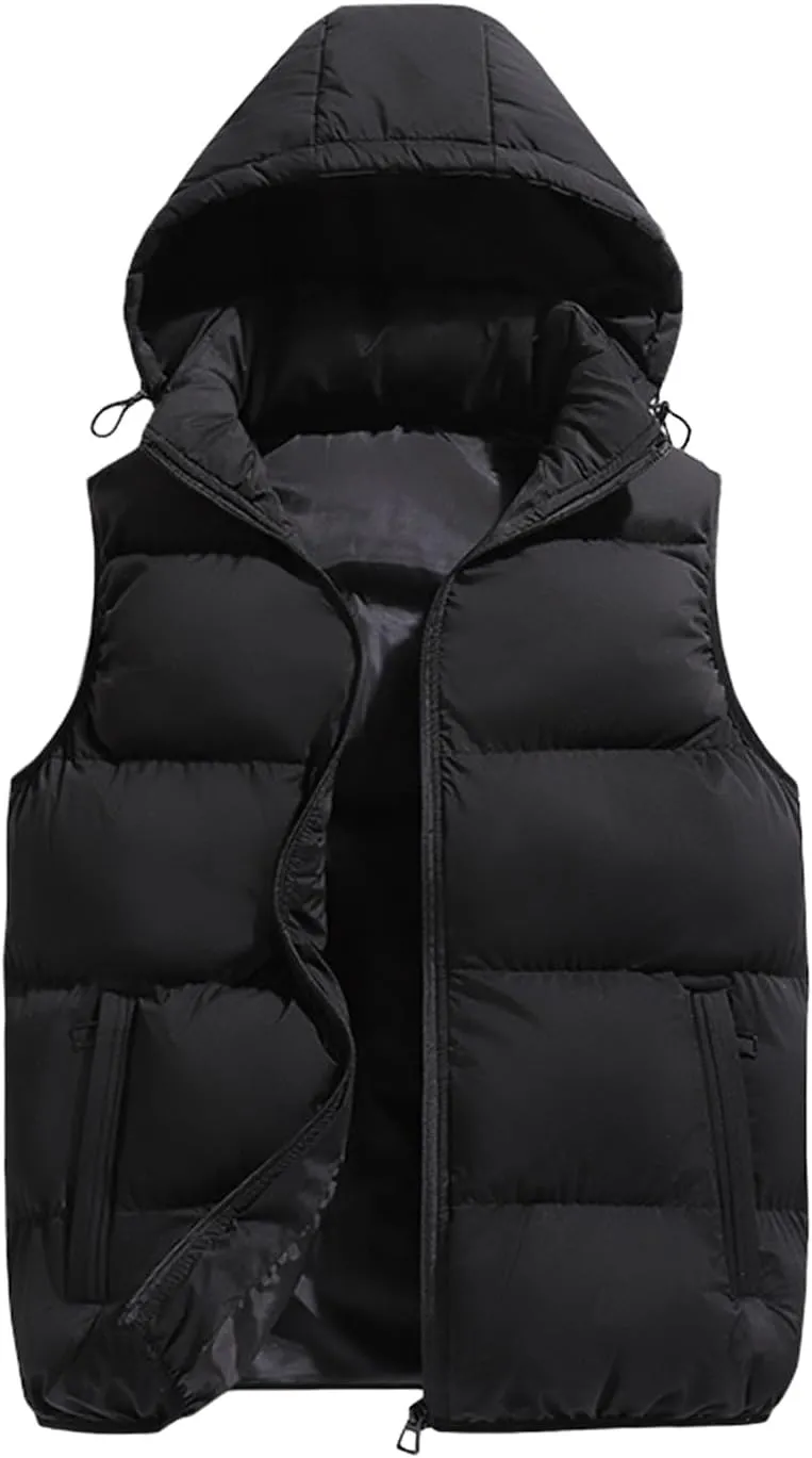 Thatrich Mens Winter Vest Sleeveless Puffer Jackets Hooded Casual Vests Oversized Warm Outdoor Coat Padded Puffy Casual Gilet