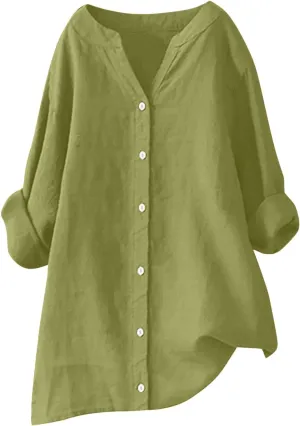 Tops for Women Trendy Long Sleeve Oversized Tshirts Button Down V Neck Linen Ladies Tops and Blouses Summer Outfits