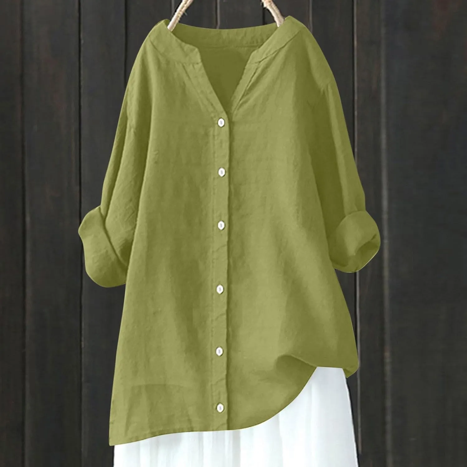 Tops for Women Trendy Long Sleeve Oversized Tshirts Button Down V Neck Linen Ladies Tops and Blouses Summer Outfits