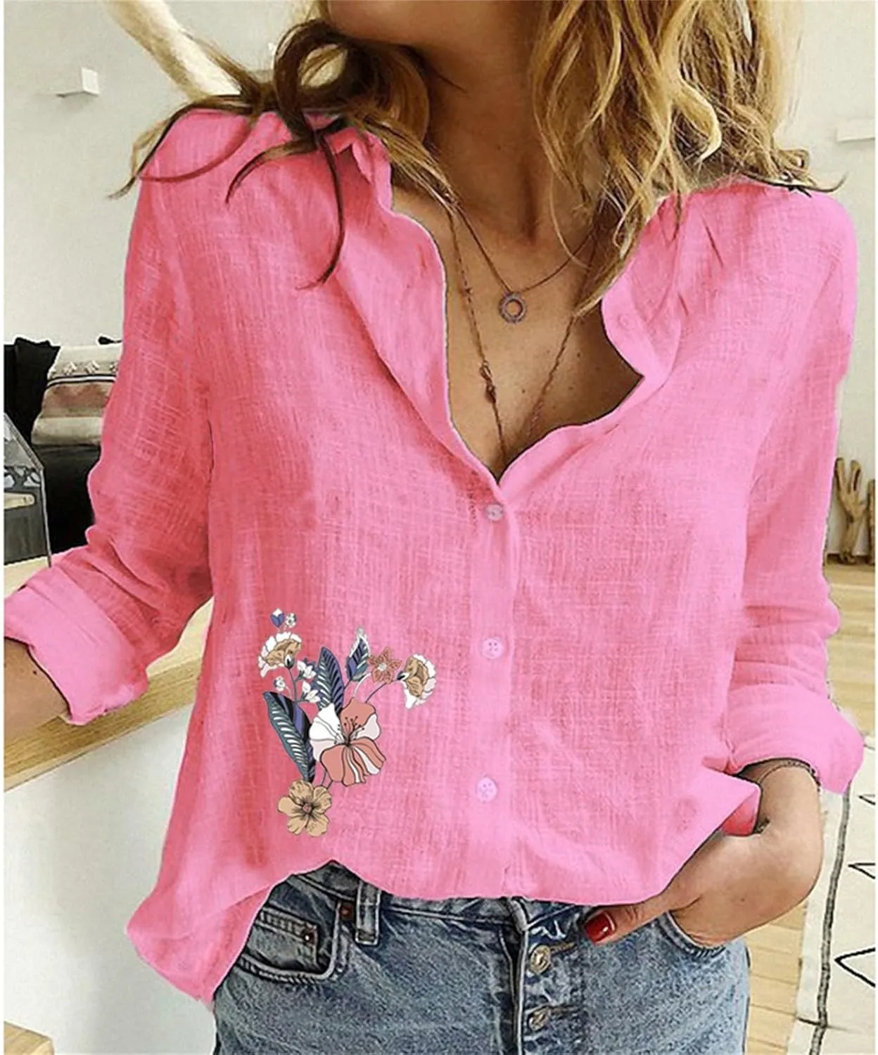 Tops for Women Trendy Summer Casual Plus Size Button Down T-Shirt Long Sleeve Linen Lightweight Fit Top with Pocket