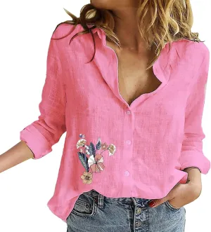 Tops for Women Trendy Summer Casual Plus Size Button Down T-Shirt Long Sleeve Linen Lightweight Fit Top with Pocket
