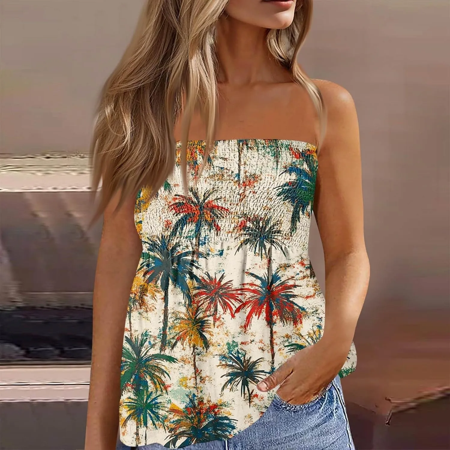 Tube Tops for Women Strapless Ruffled Sexy Tank Bandeau T Shirts Floral Graphic Sleeveless Vintage Backless Blouses