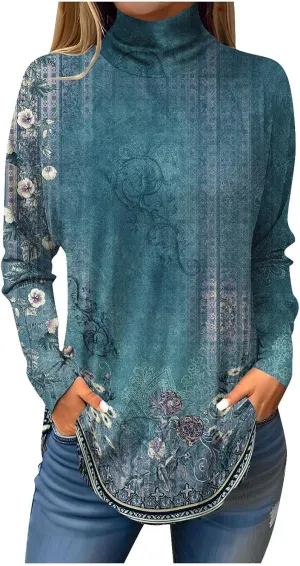 Tunic Tops For Women Loose Fit Dressy Print Mock Neck Shirts Casual Turtle Necks Long Sleeve Shirts Fall Blouse