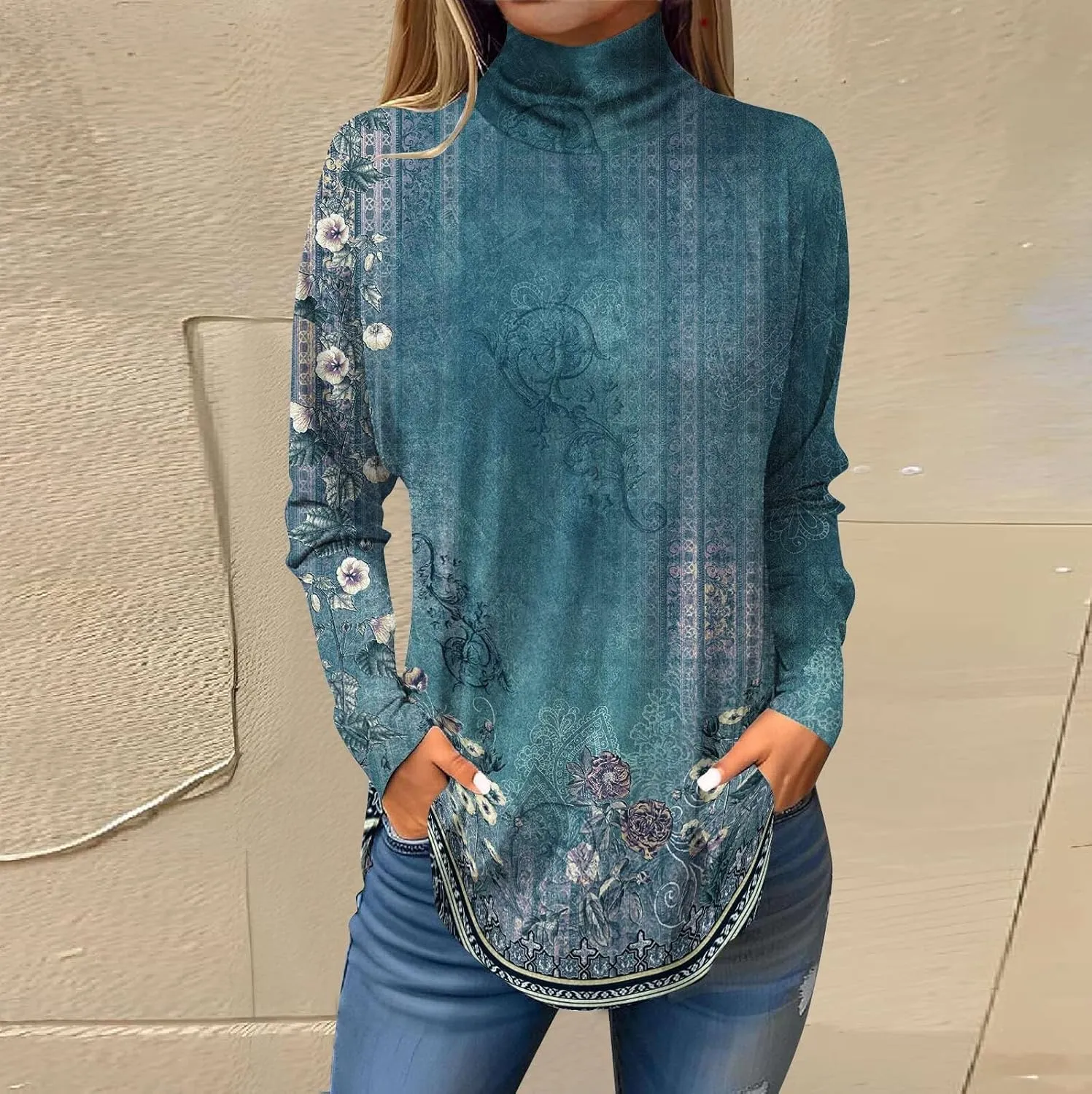 Tunic Tops For Women Loose Fit Dressy Print Mock Neck Shirts Casual Turtle Necks Long Sleeve Shirts Fall Blouse
