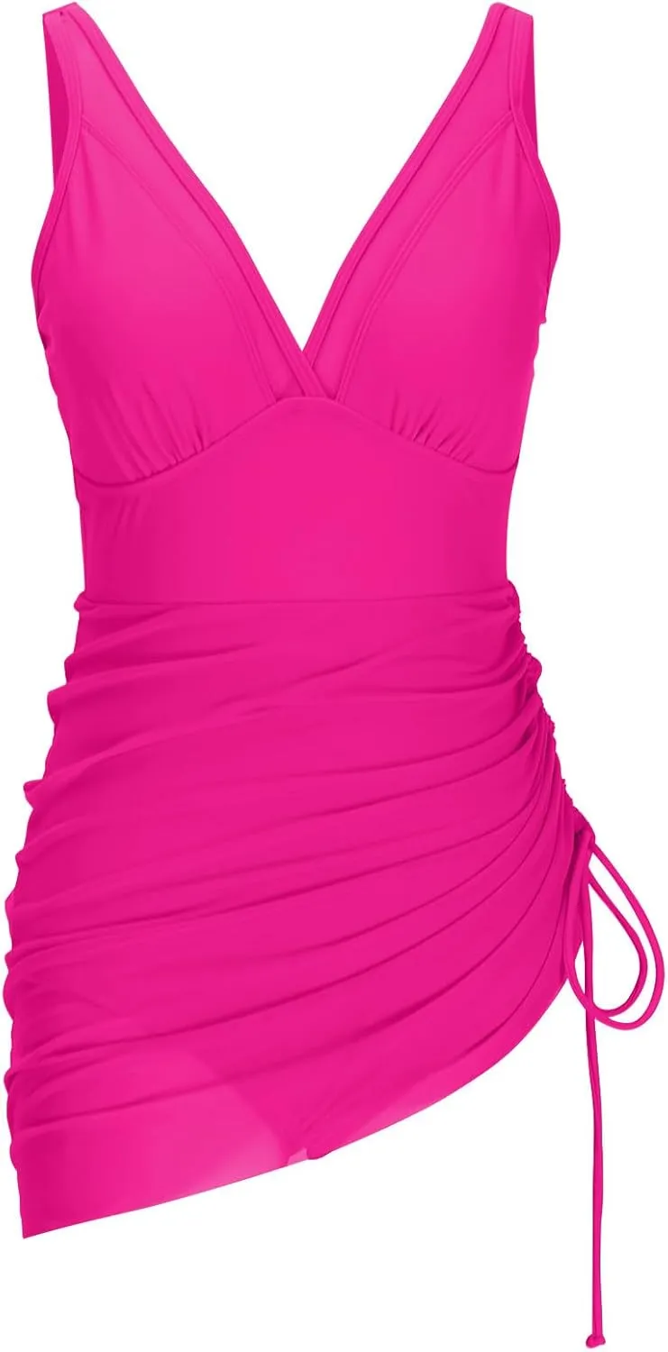 TUNUSKAT Womens One Piece Swim Dress Tummy Control Swimsuits Slimming Modest Bathing Suit Sheer Mesh Sarong Wraps Swim Suits