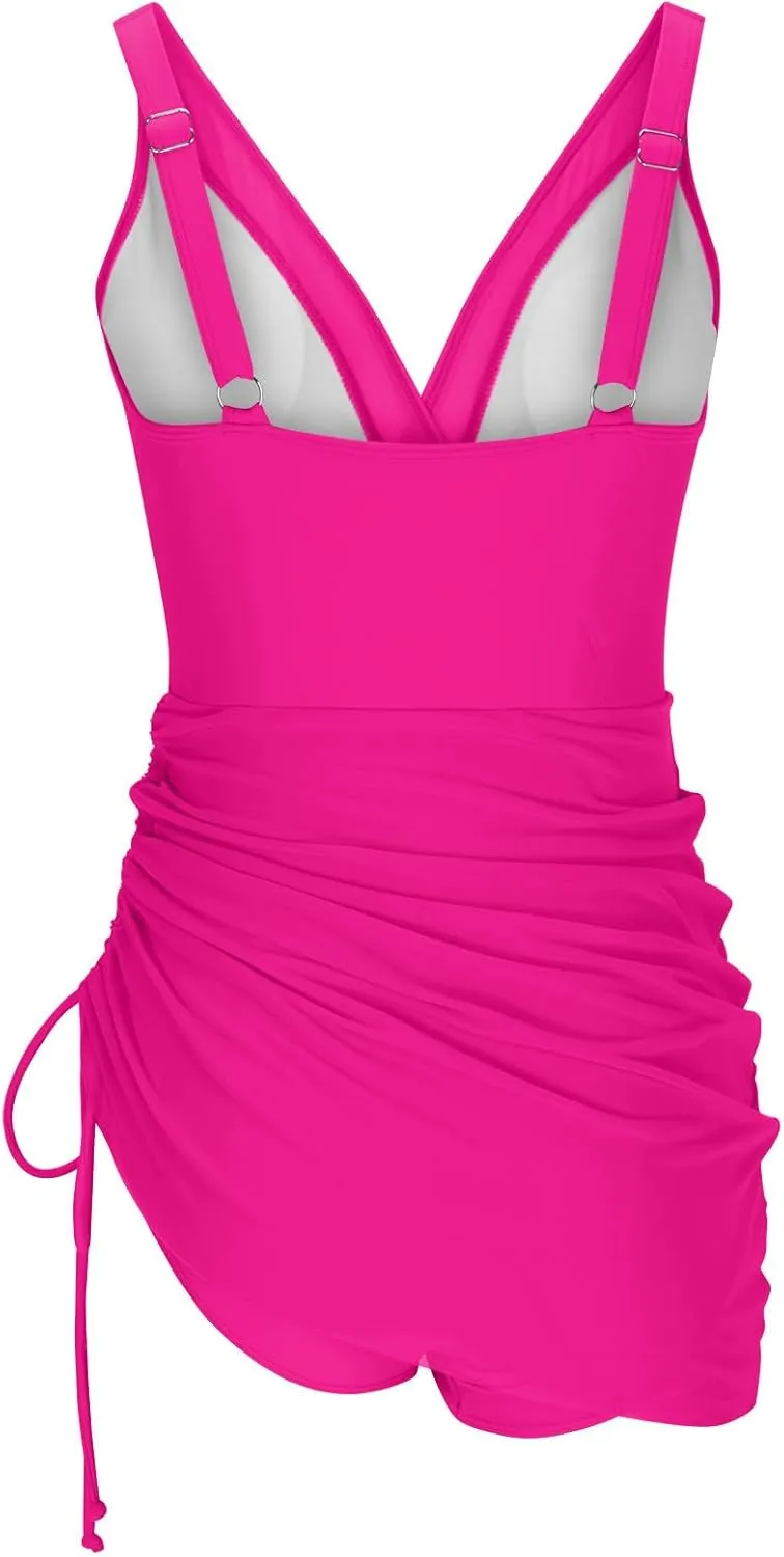 TUNUSKAT Womens One Piece Swim Dress Tummy Control Swimsuits Slimming Modest Bathing Suit Sheer Mesh Sarong Wraps Swim Suits